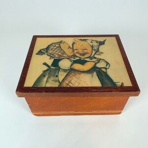 Vintage Wooden Music Box‎ with Hummel Illustration Hinged Lid little girls